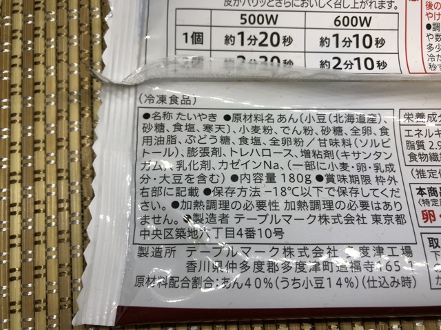 セブンプレミアム：北海道産小豆たいやき　原材料一覧